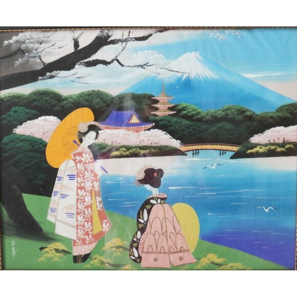 Vintage Japanese Mount Fuji Painting On Silk Geisha Pagoda Cherry Framed - Picture 4 of 8